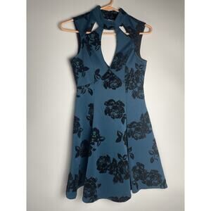 Sleeveless Blue And Black Floral Fit-and-Flare Dress, Trixxi, Small